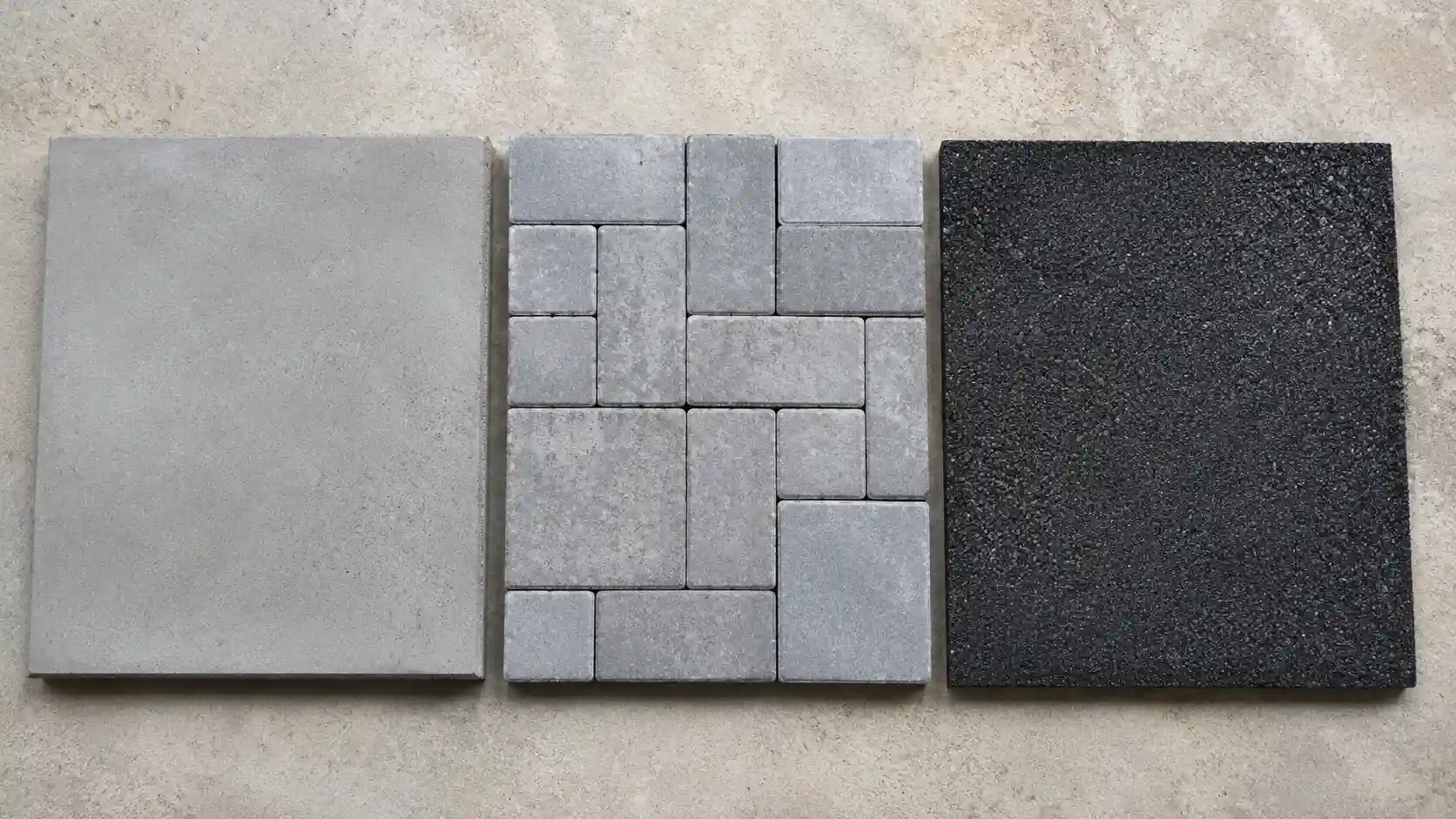 Concrete, paver, and asphalt samples showing the Average Driveway Paving Cost Breakdown.