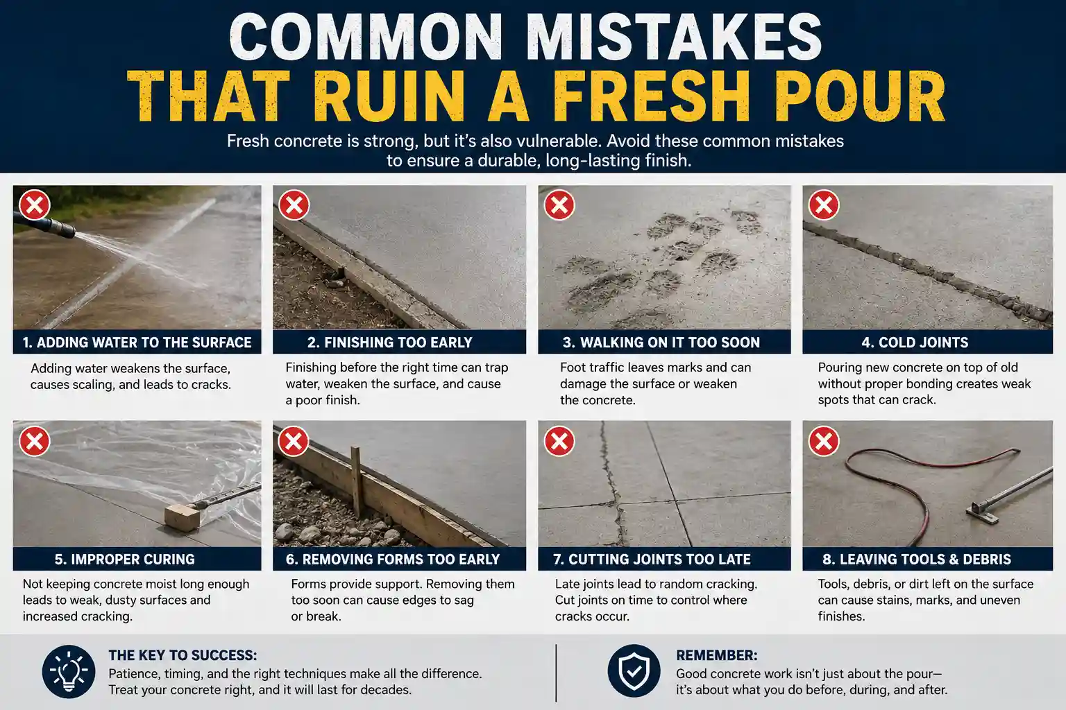 Infographic listing eight common concrete pour errors like early finishing, footprint damage, and improper curing.