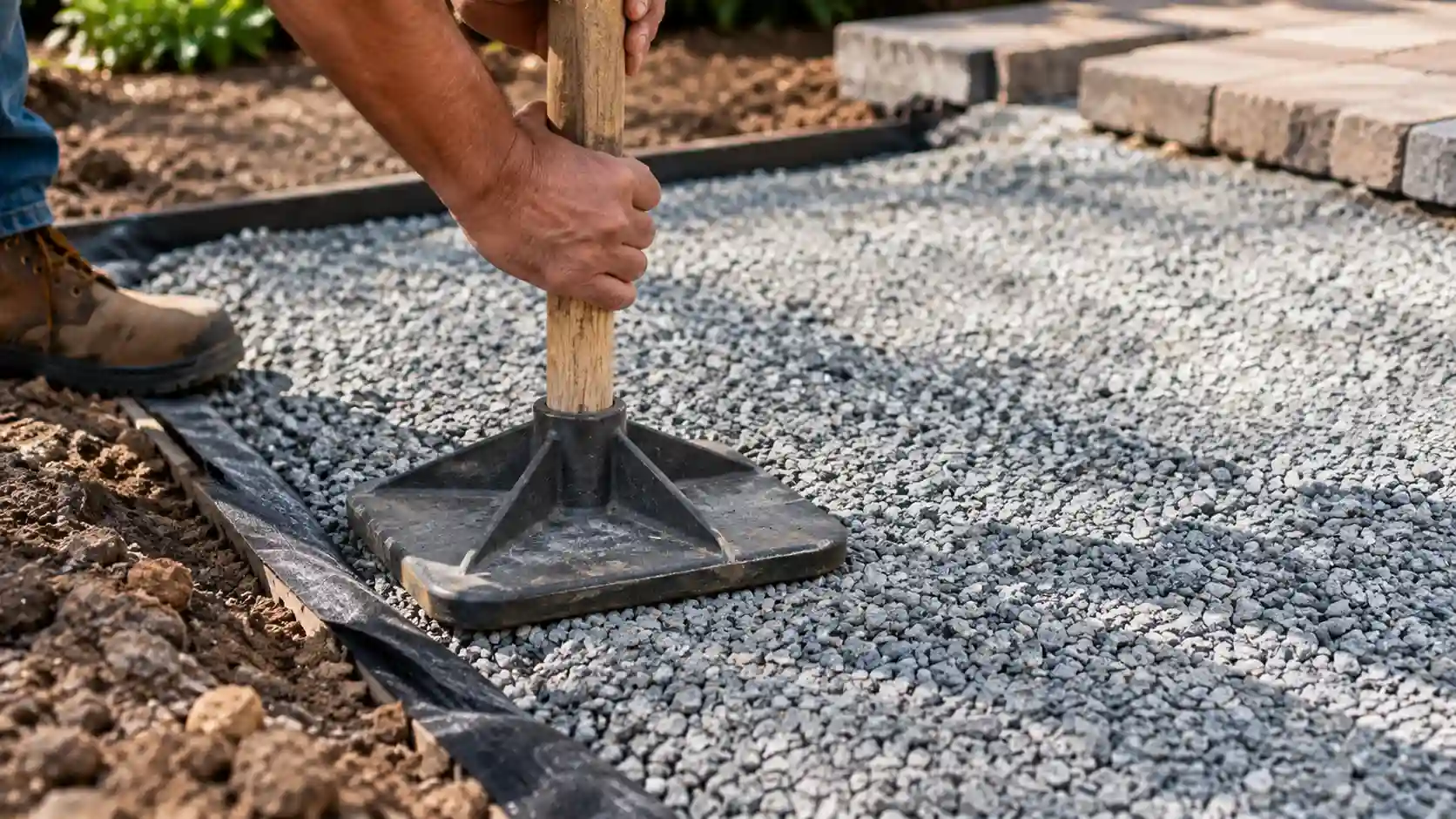 Person using a hand tamper to compact gravel while following a step-by-step build a no-dig paver patio guide.