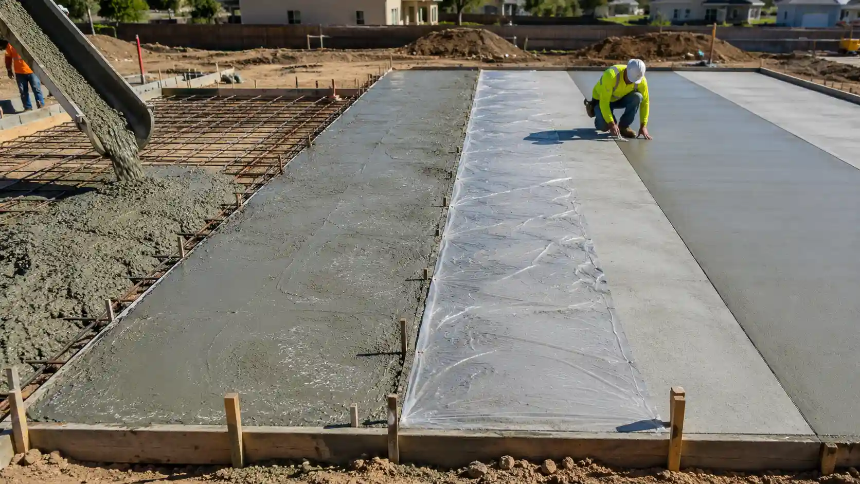 Split view showing stages of pouring, covered curing, and finishing a concrete slab.