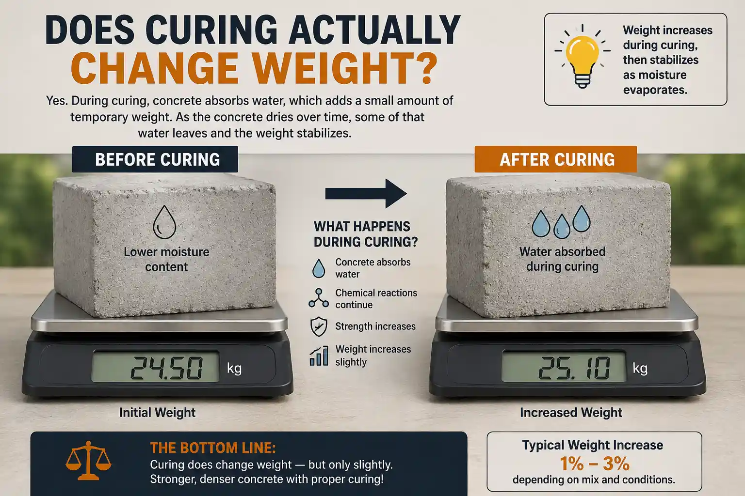Infographic showing a concrete block on a digital scale before and after curing to explain whether does curing actually change weight.