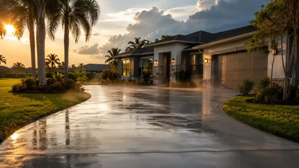 Freshly poured concrete driveway curing under the sun, showing how long does concrete take to dry.