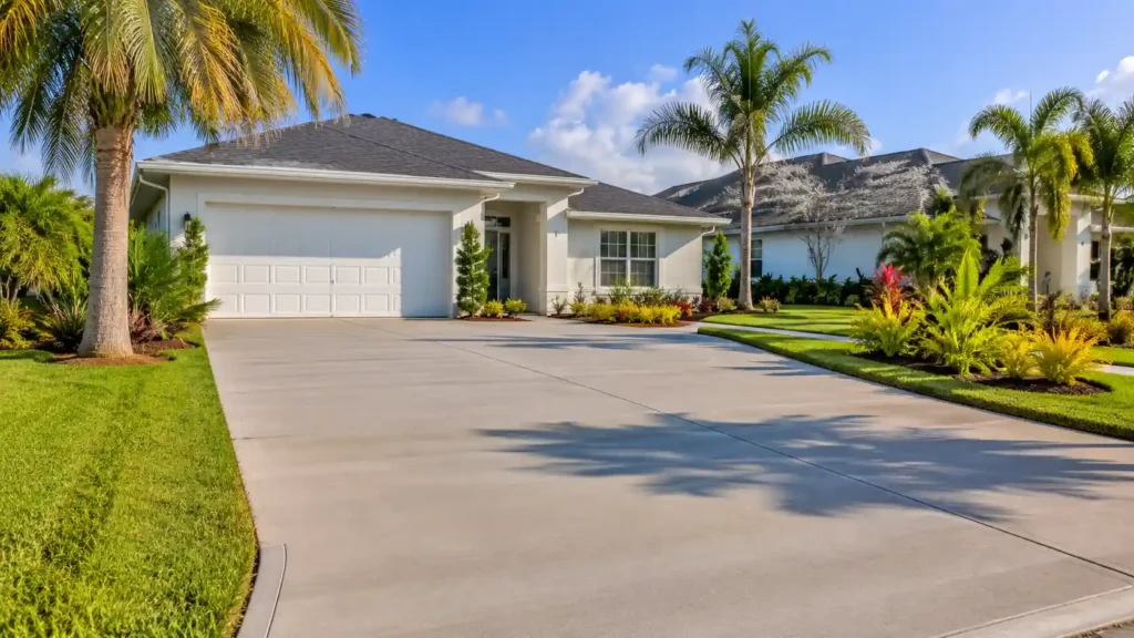 Newly paved concrete driveway leading to a modern white home, showing how much does it cost to pave a driveway.