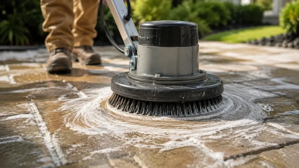 Person using a motorized scrub brush to learn how to clean pavers without pressure washer.