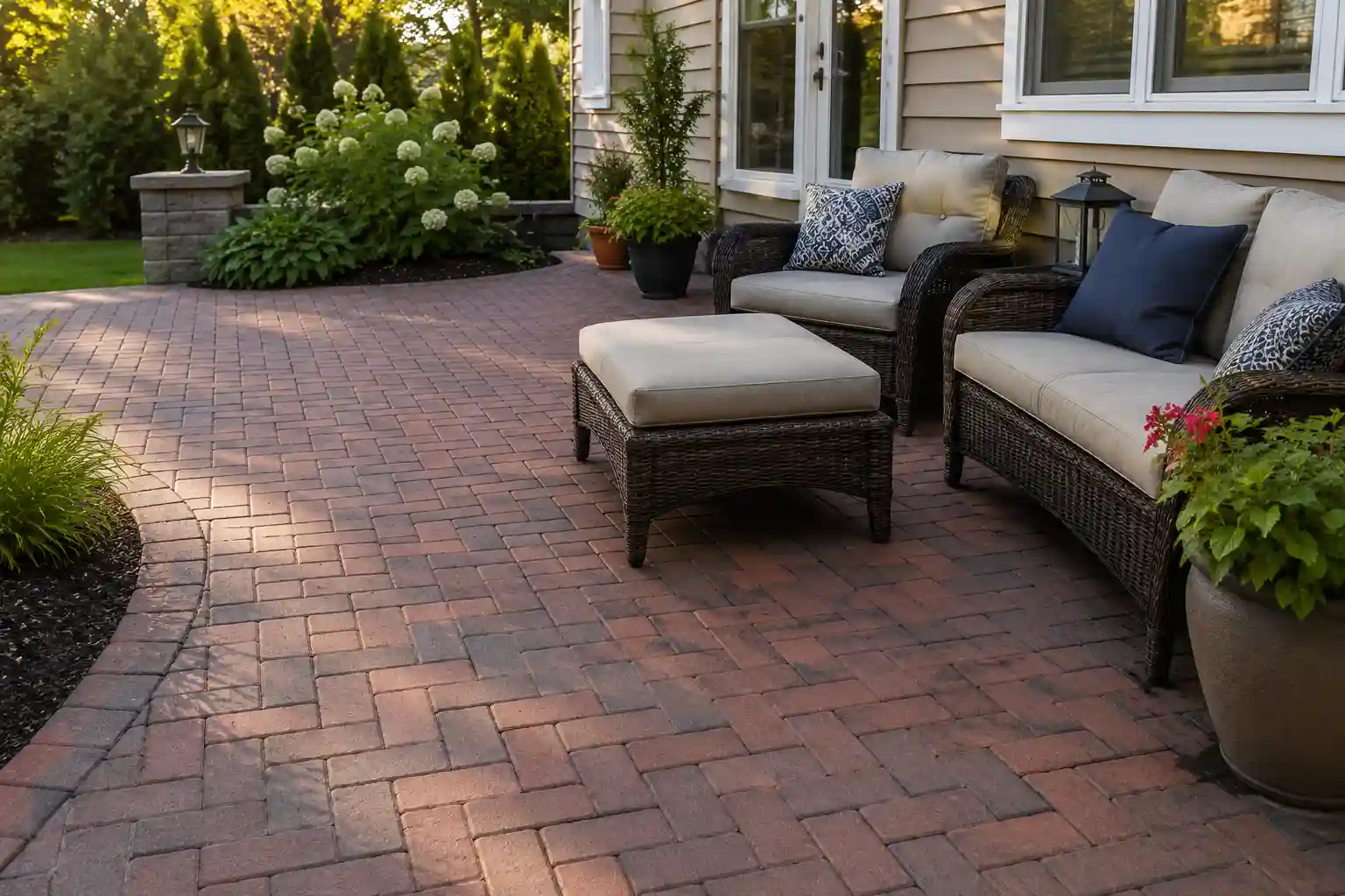 clean, well-maintained brick patio with comfortable outdoor seating and healthy garden landscaping.