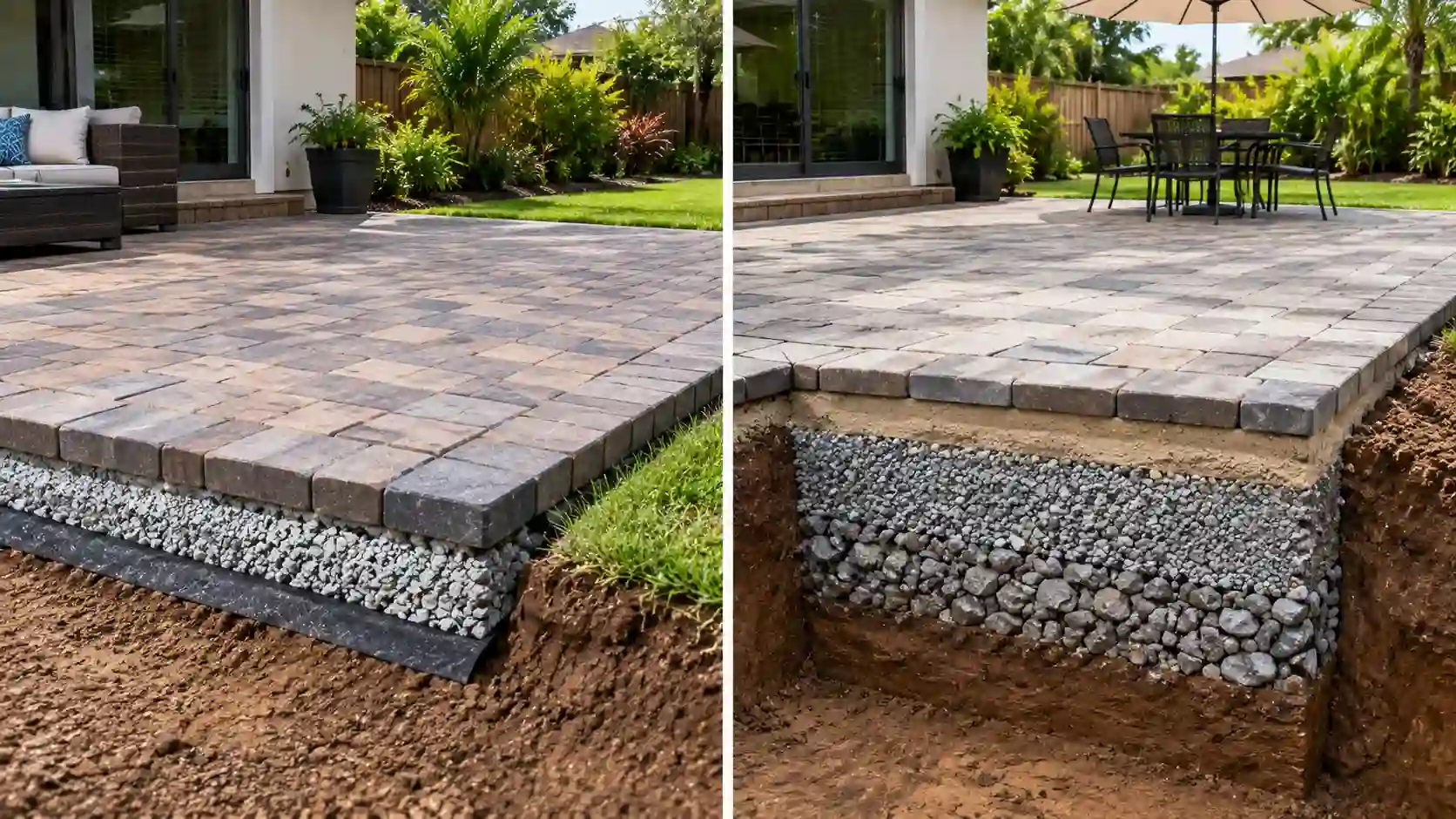 Split-screen cross-section diagram showing a base layer comparison between a no-dig vs. traditional excavated patio.