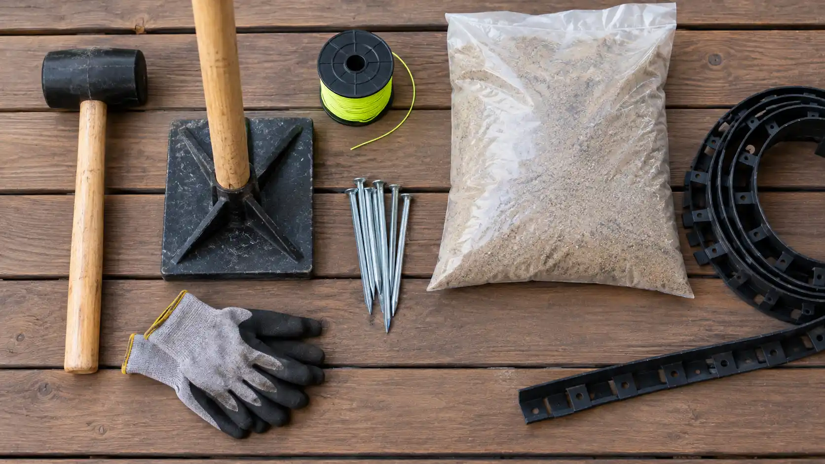 Assorted landscaping items matching a tools and materials checklist for installing a paver patio.