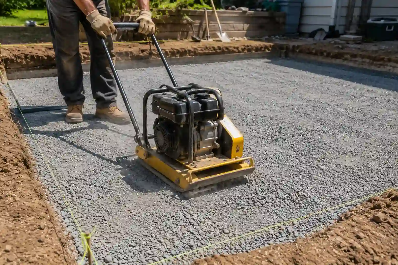 A worker compacting a gravel base during step-by-step brick patio installation.