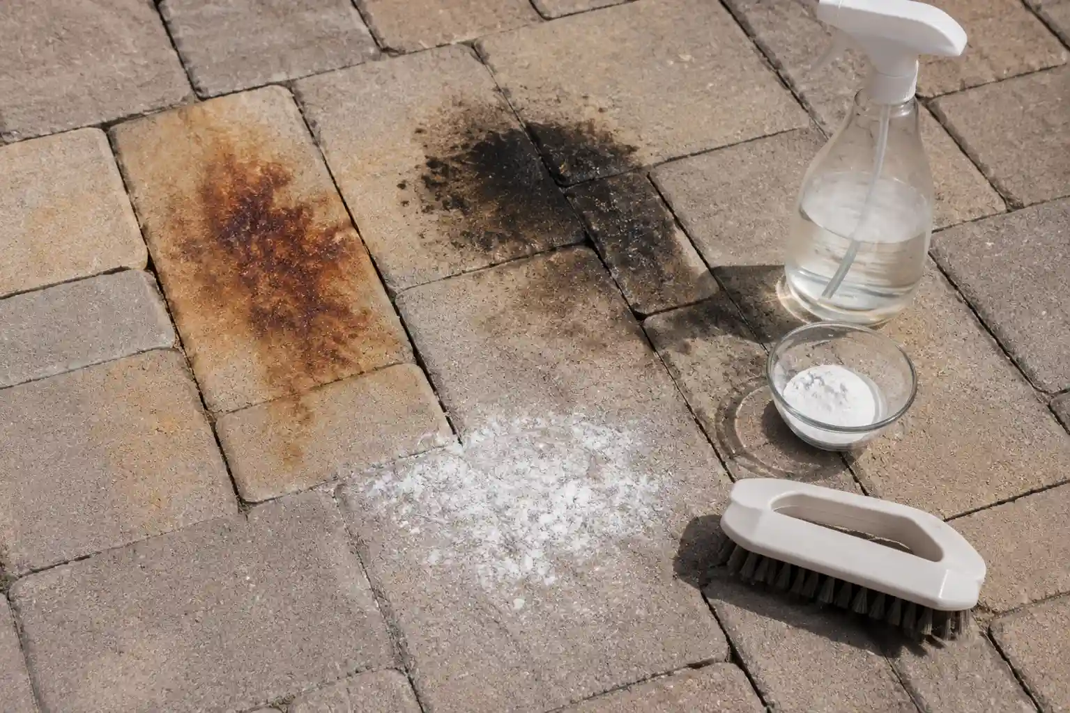 Stained stone pavers laid out with cleaning supplies illustrating Step-by-Step: How to Clean Pavers Without Pressure Washer.