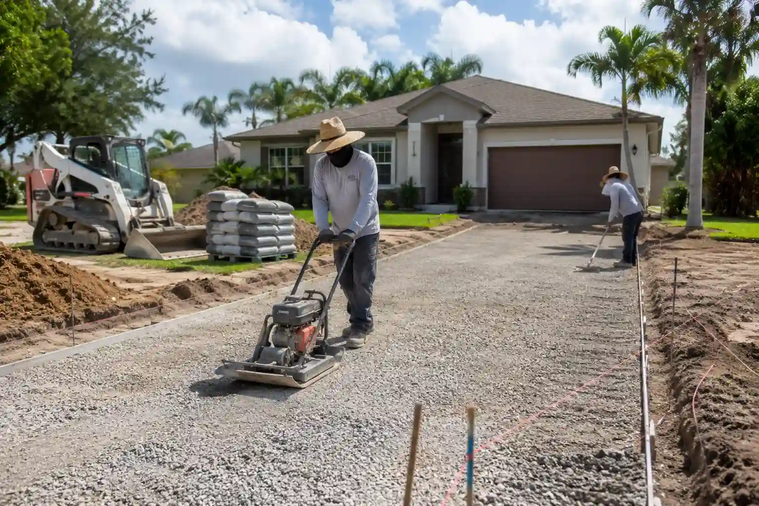 Worker compacting gravel base, showing What Affects the Cost to Pave a Driveway.