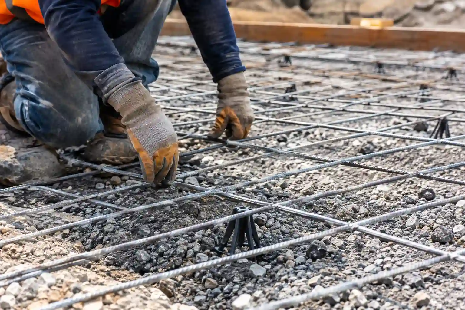 Worker installing rebar grid elevated on plastic chairs to answer does a concrete patio need rebar or wire mesh.