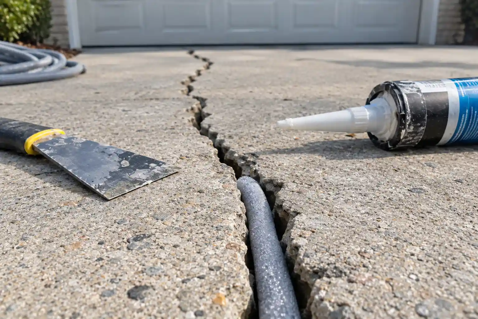 Foam backer rod inserted into a large concrete driveway crack with caulk gun and putty knife nearby.