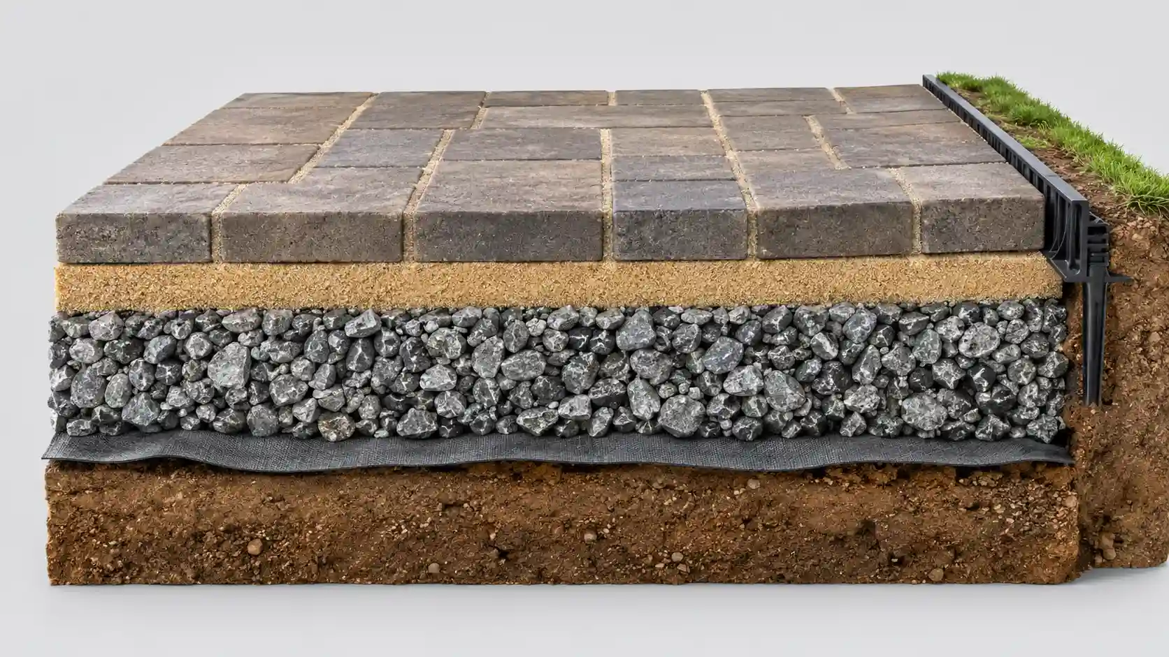 Cross-section diagram showing how pavers work: what's under the surface including sand, gravel, geotextile fabric, and soil layers.