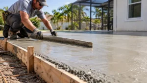 A contractor screeding wet concrete to show how thick should a concrete patio be within wooden forms.