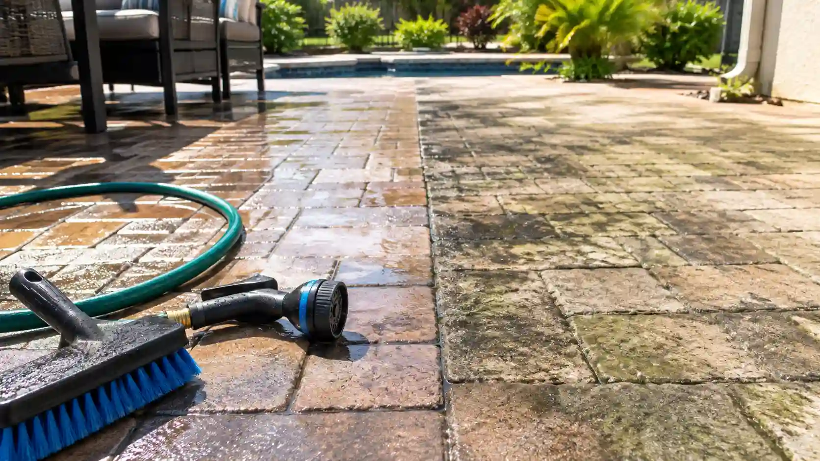 Scrub brush and hose used to clean a dirty paver patio split between washed and unwashed stone.
