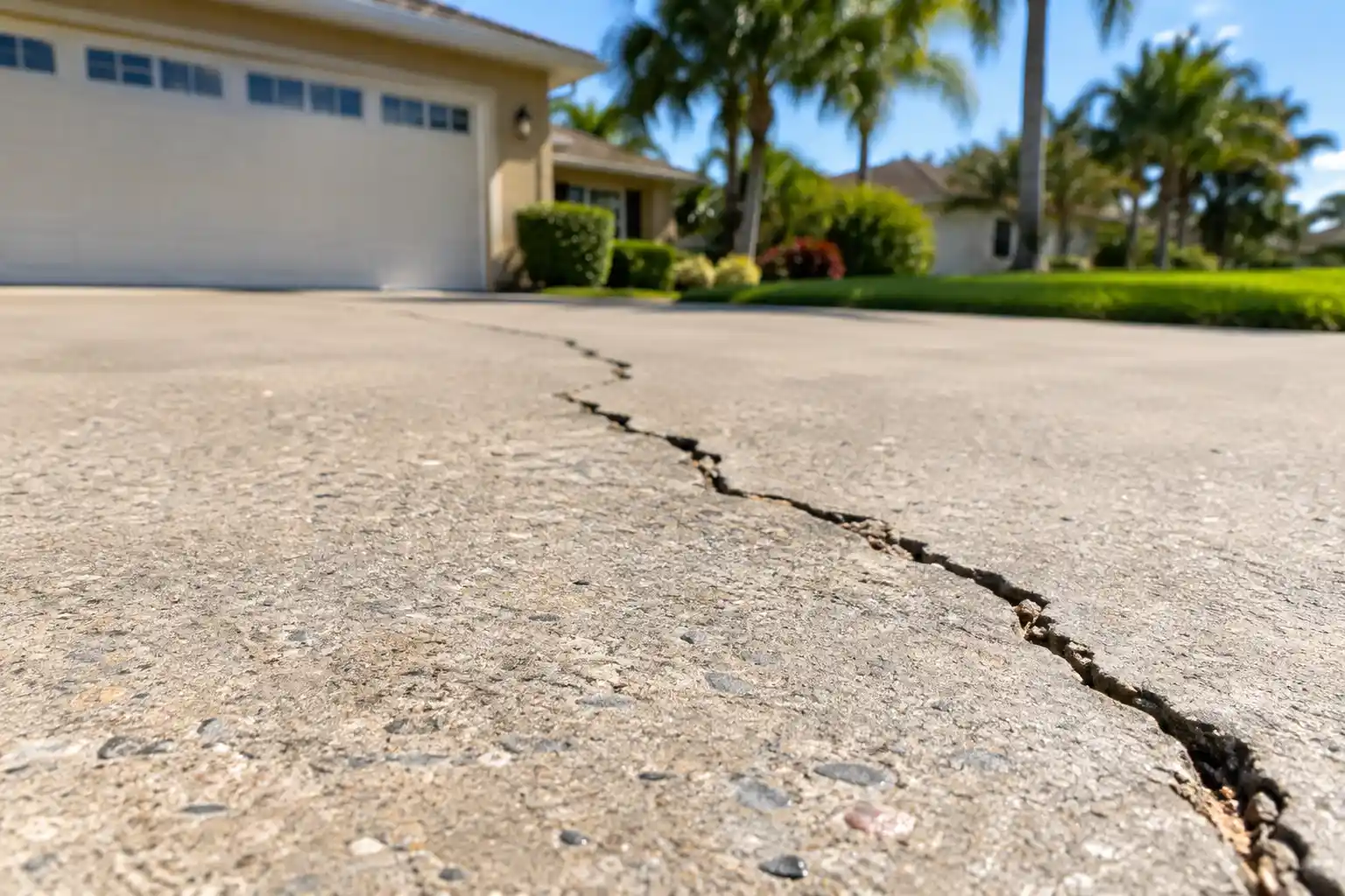 Close-up view of how to fix cracks in concrete driveway leading to a garage.