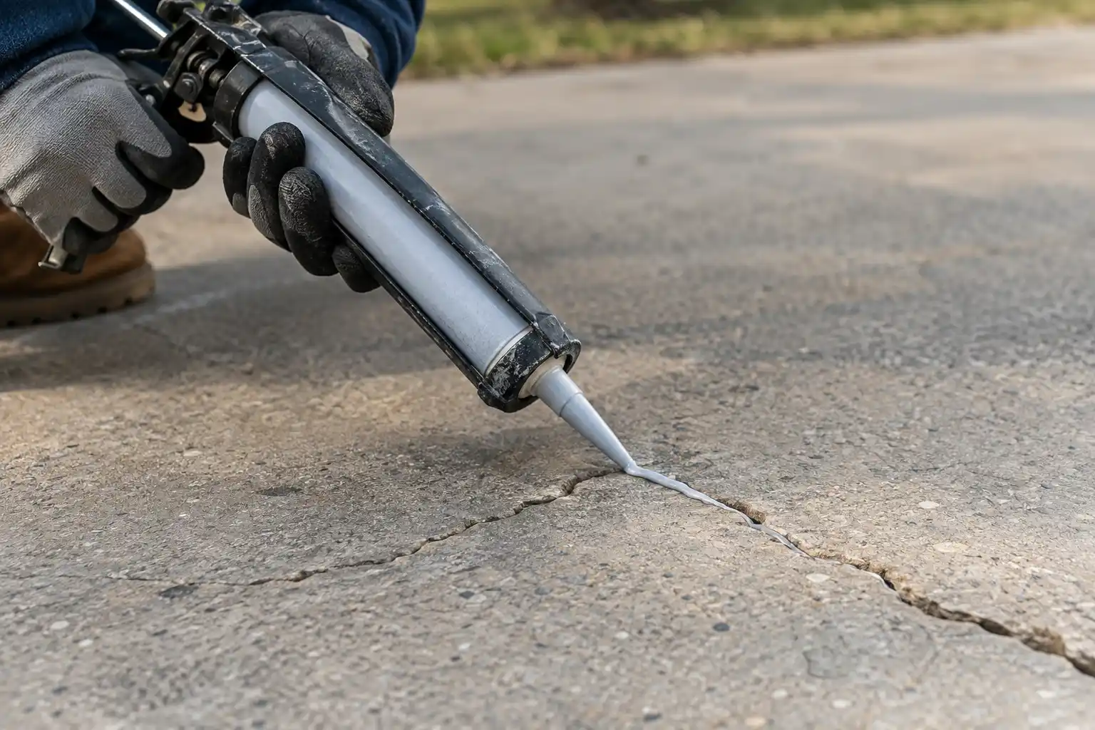 Person applying sealant with a caulking gun learning how to fix small or hairline cracks in concrete.