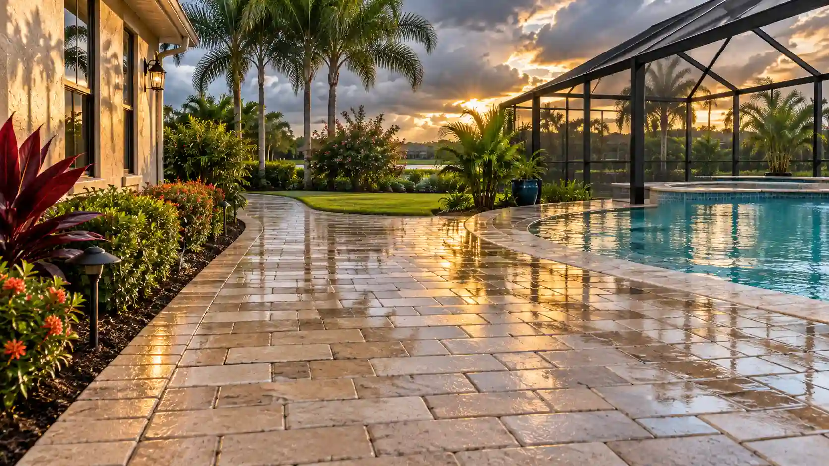 Sealed paved walkway and pool deck featuring pavers in Central Florida: what to know for wet weather durability.