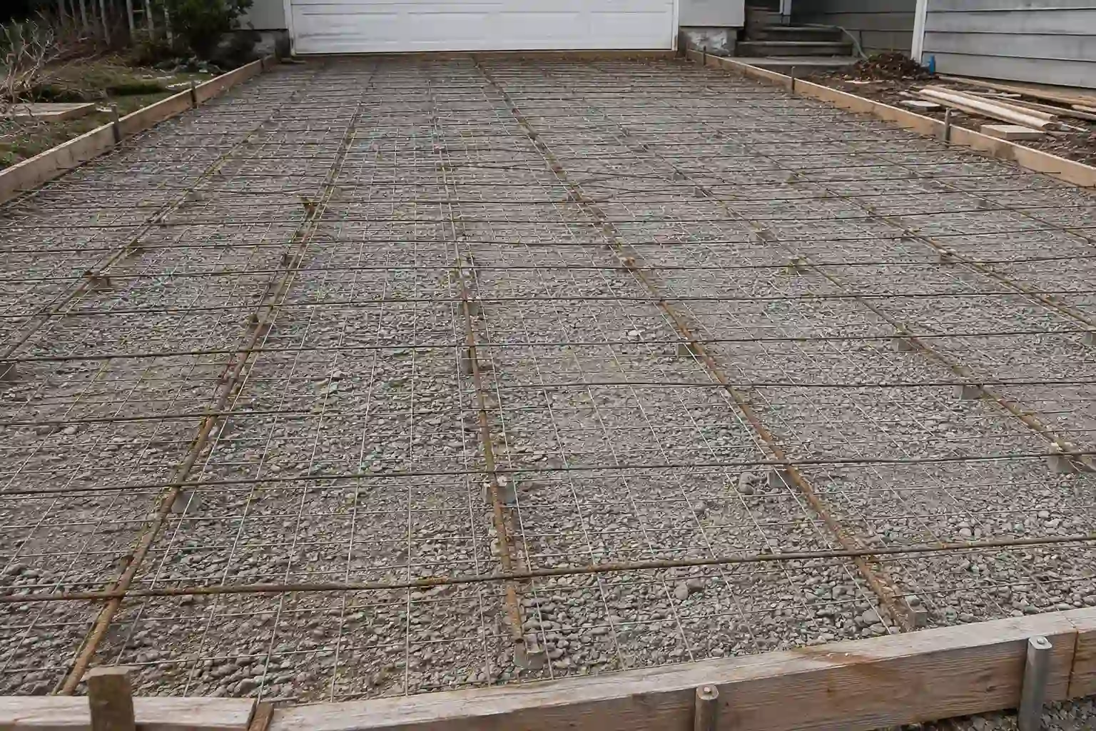 Steel wire mesh grid laid over gravel base before pouring, questioning reinforcement: does rebar or mesh let you pour thinner concrete.