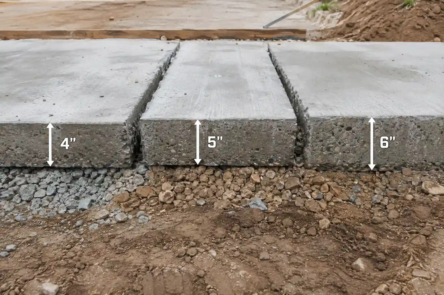 A pickup truck and SUV parked on a residential concrete driveway showing standard concrete driveway thickness by vehicle type.