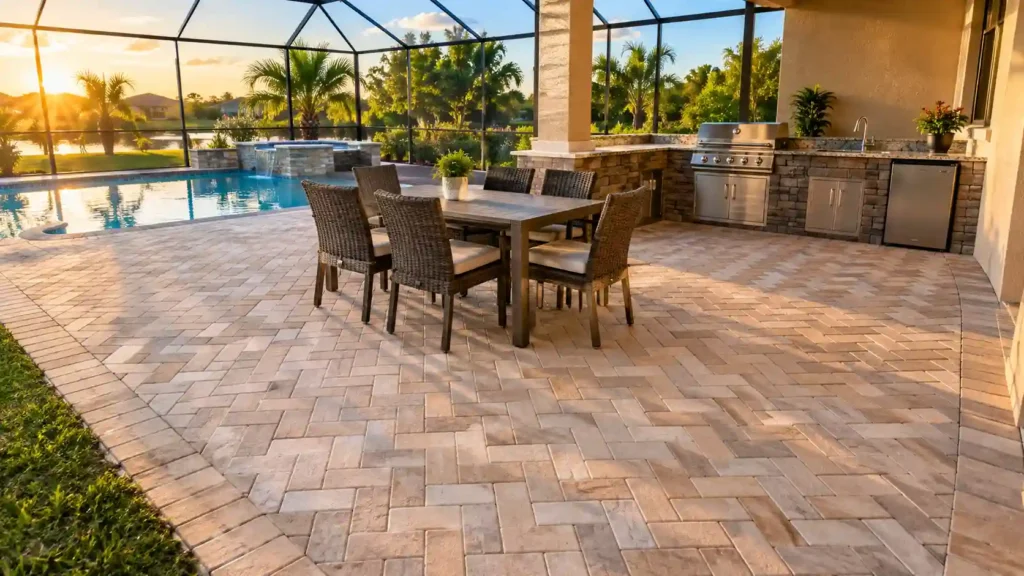 Outdoor patio featuring a herringbone paving stone deck, explaining what are pavers in modern landscape design.