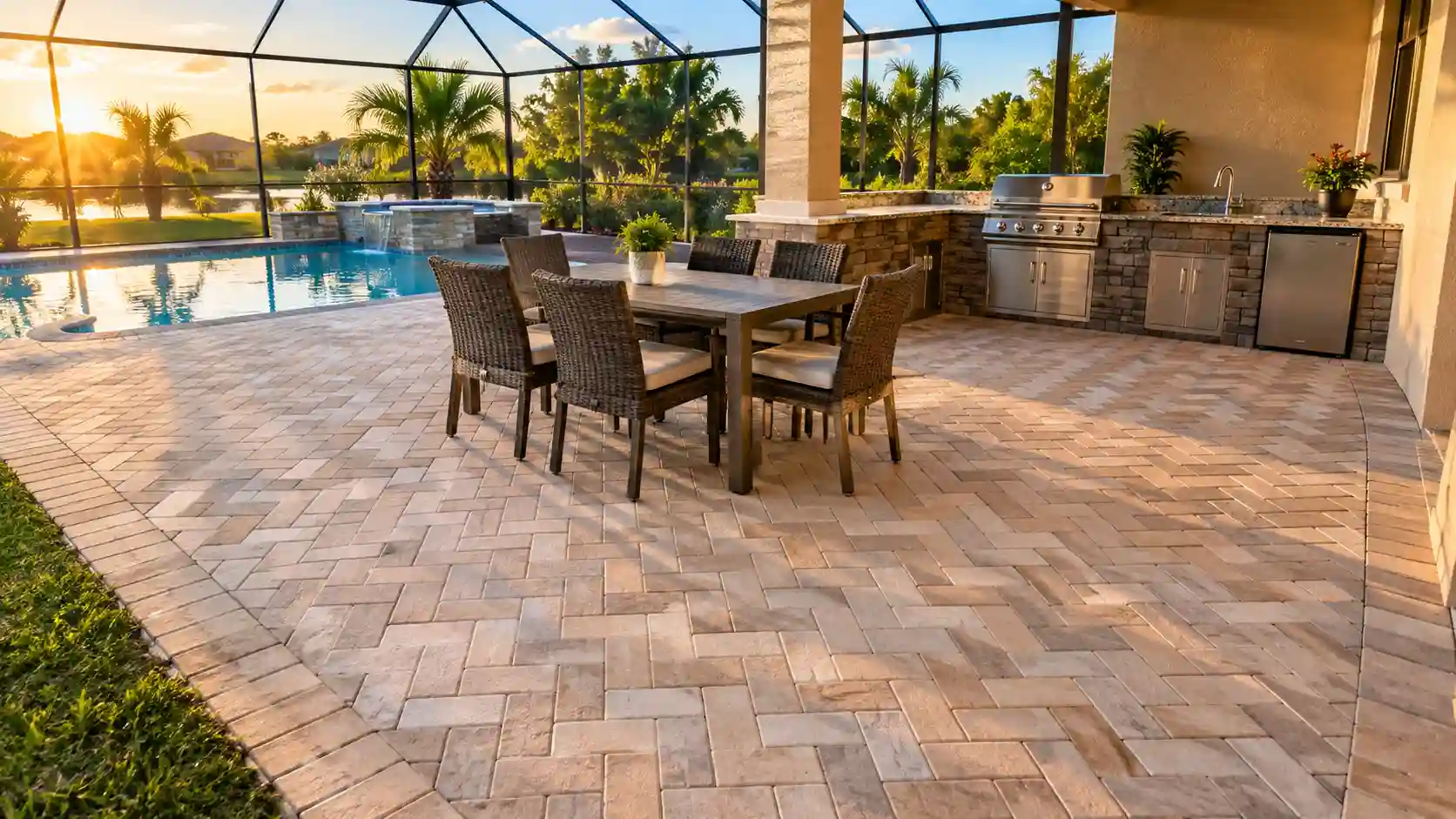 Outdoor patio featuring a herringbone paving stone deck, explaining what are pavers in modern landscape design.