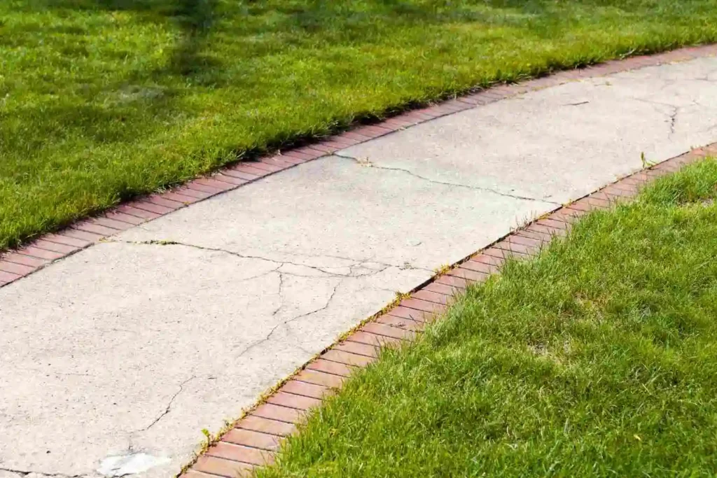 Concrete walkway framed with red brick borders, demonstrating what are sidewalks made of in residential areas.