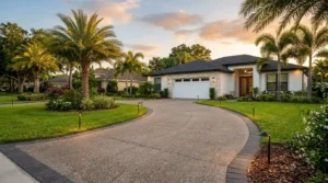 Modern concrete driveway with paver border at a Florida home