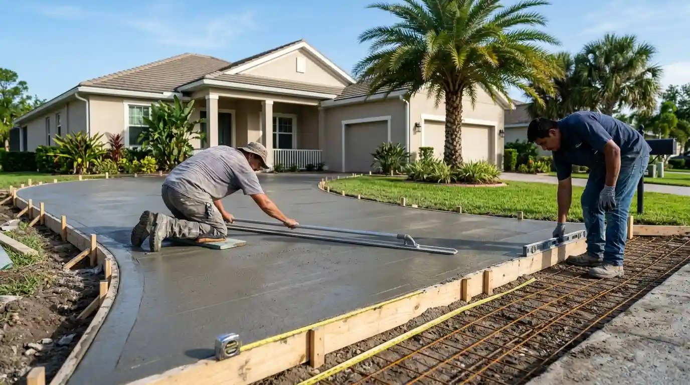 Two professional workers smoothing and leveling freshly poured residential concrete driveway. How Much Does a Concrete Contractor Charge?