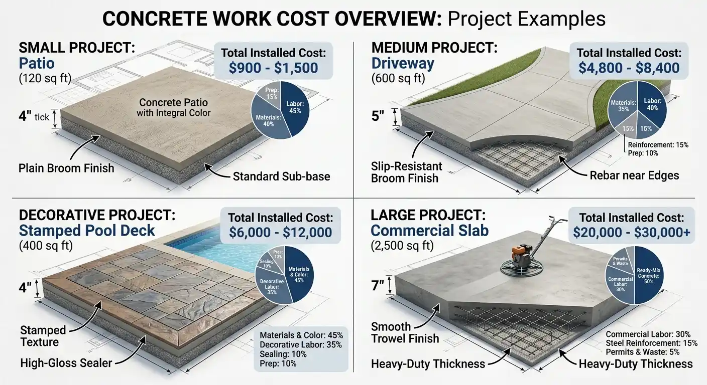 Infographic showing cost breakdowns and pricing estimates for patio, driveway, pool deck, and commercial slab installations. How Much Does Concrete Work Cost for Different Projects?