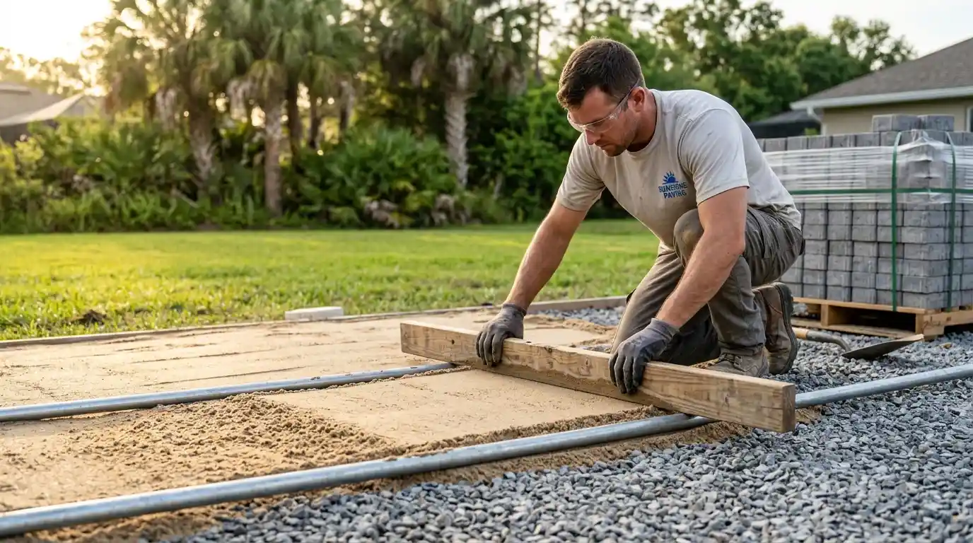 Contractor screeding a 1-inch bedding sand layer over a compacted gravel base before laying pavers