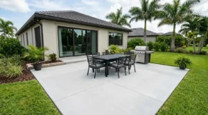 Modern concrete patio with dark outdoor dining table, six chairs, stainless steel grill, and palm trees.