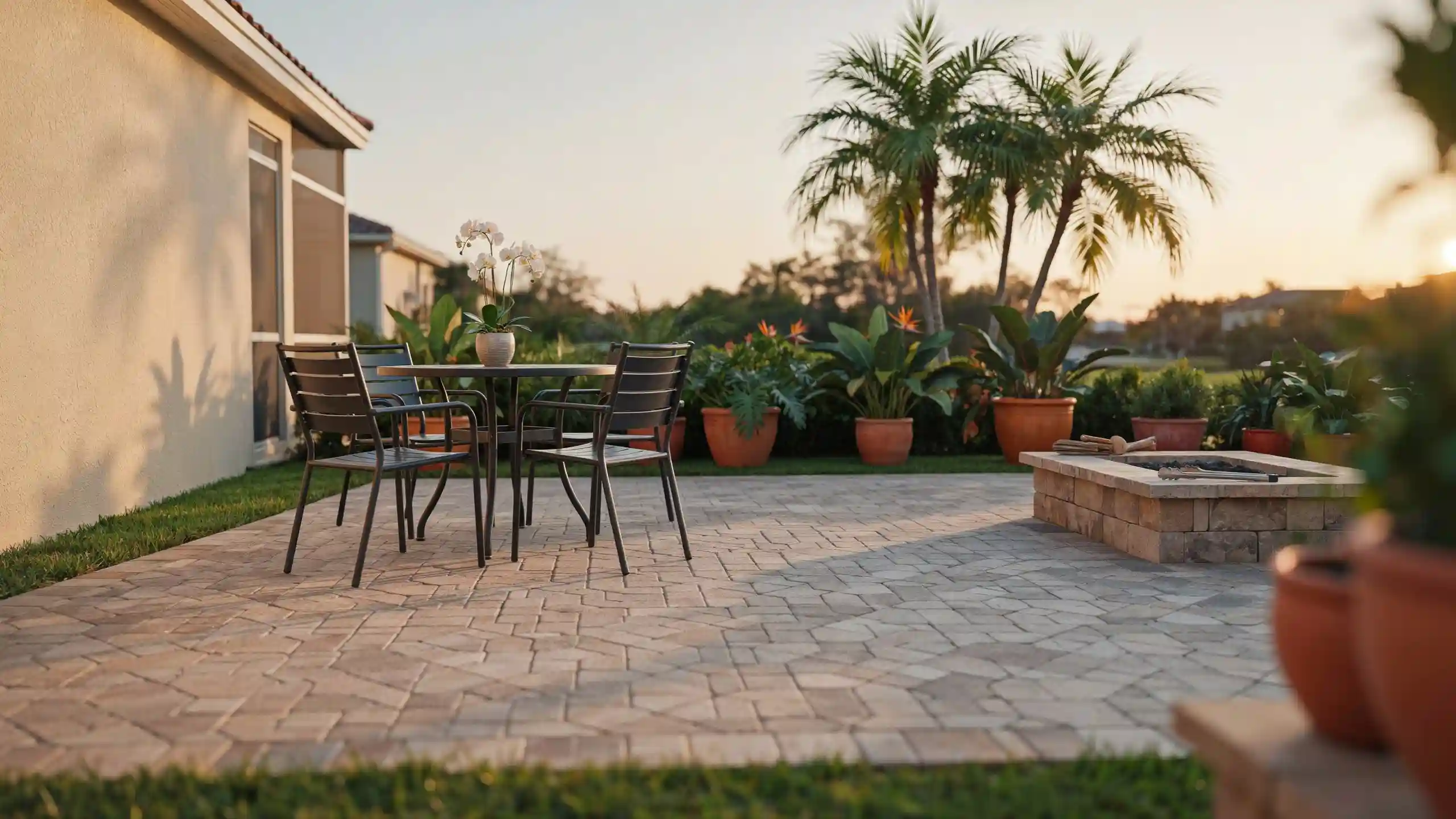 Brick paver patio at sunset with dark patio table set, potted plants, and stone fire pit.