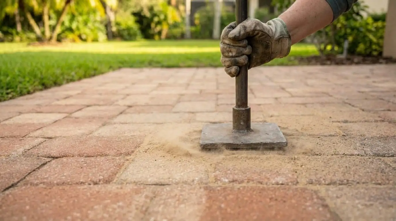 A person kneeling on a patio and sweeping sand into paver cracks with a push broom.