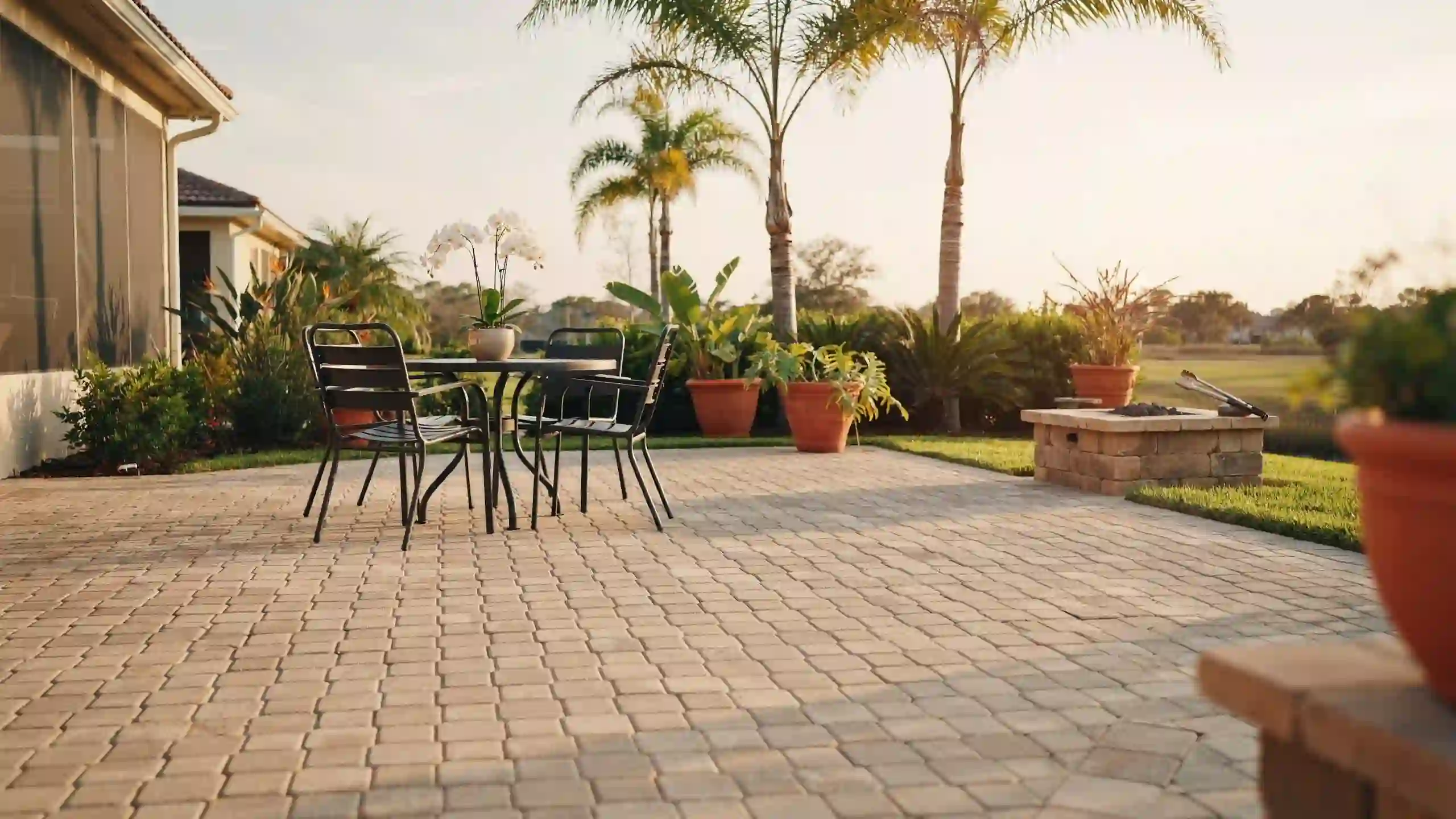 Brick paver patio featuring wrought iron dining set, fire pit, and palm trees in sunlight.