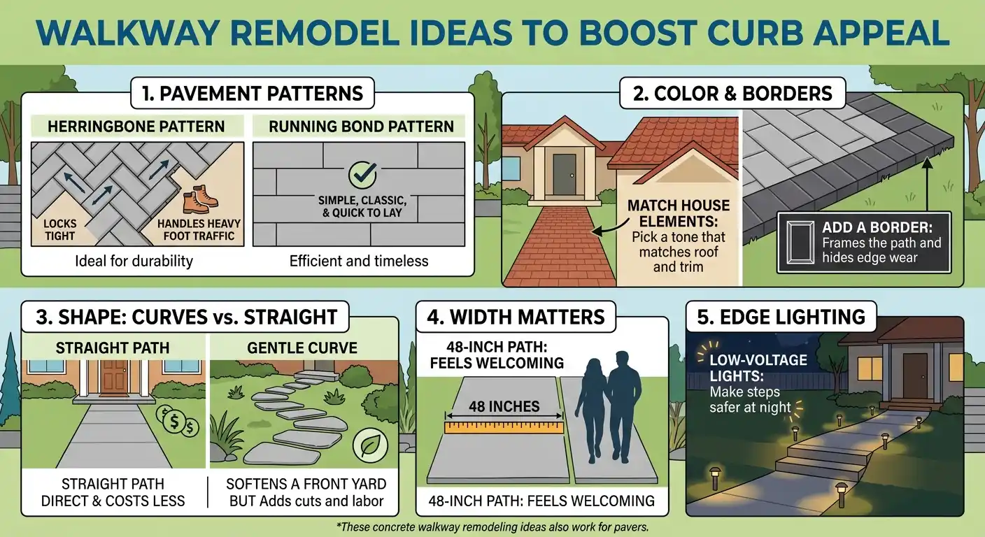 Infographic showing 5 walkway remodel ideas: pavement patterns, colors, curves vs. straight shapes, width, and edge lighting.