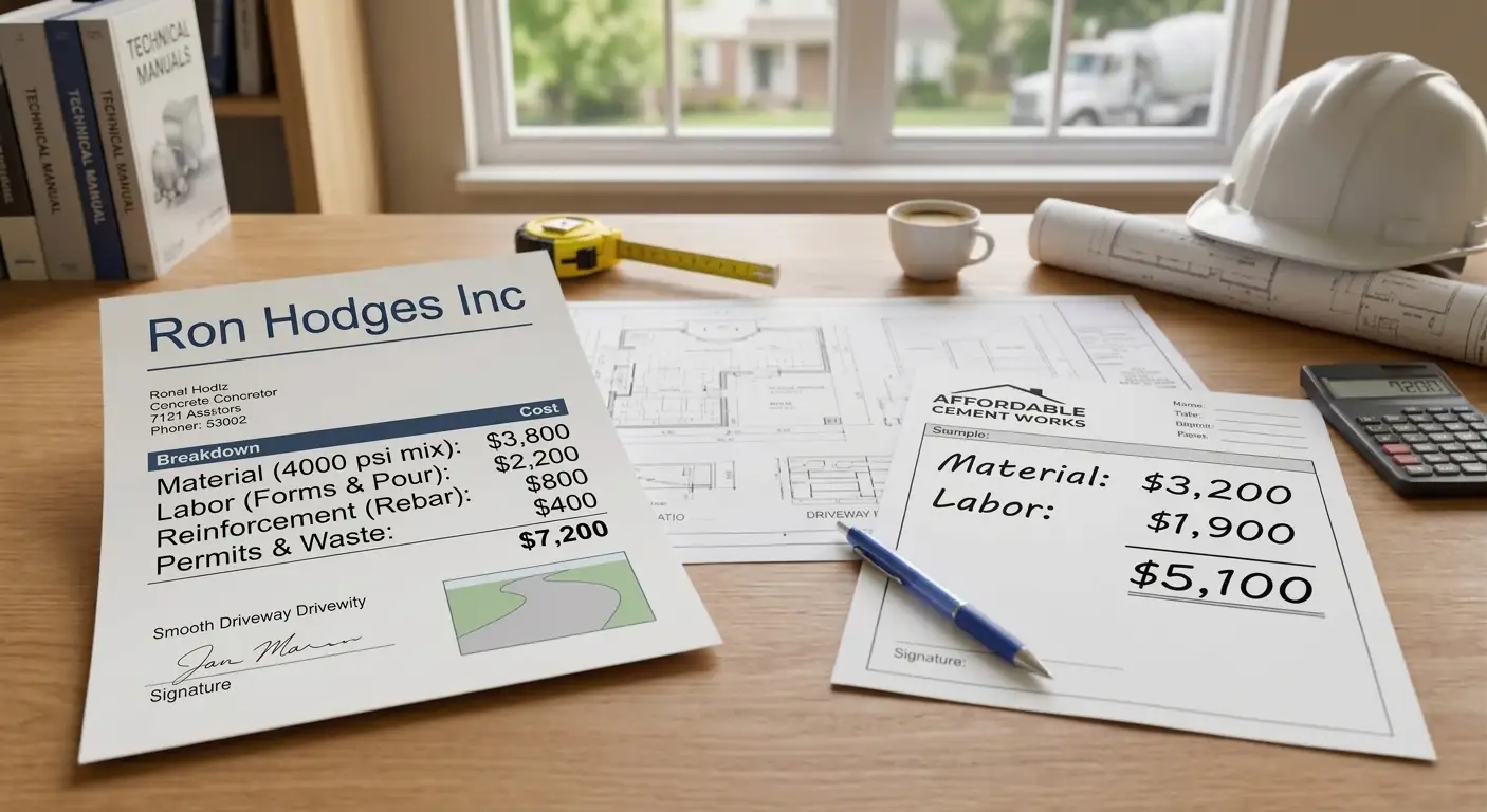 Detailed concrete quote from Ron Hodges Inc alongside a lower basic estimate on a desk with blueprints and hardhat. Why Do Concrete Contractor Estimates Differ?