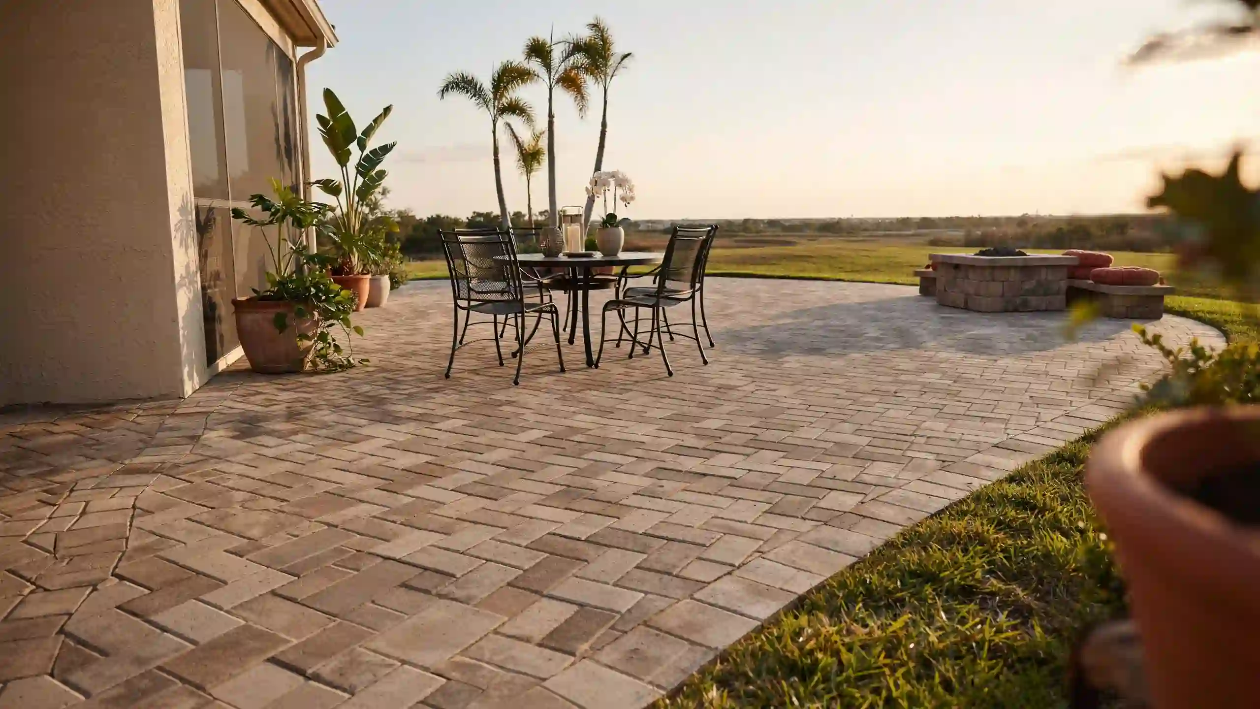 Wide angle brick paver patio with dining furniture, fire pit, and open lawn view.