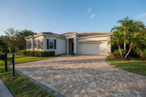Wide tan paver driveway with curved border leading to a single-story stucco home with tile roof